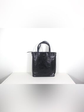 Black Leather and Grey Canvas Shopping Tote Two in One Glossy Crackled Leather